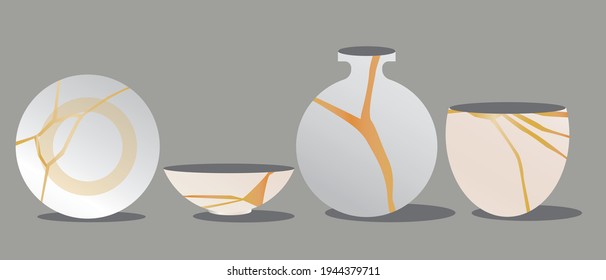 Kintsugi Japanese tableware set isolated. Flat vector stock illustration. Gold pattern of kintsugi. Collection with vase, plate, dish, bowl. Traditional style. Asian vector graphics