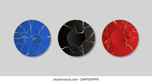 Kintsugi plates, broken plates with golden cracks, japanese art of repair. Repairing cracked pottery with gold, marble pattern plate vector set. Black and blue and red tableware.