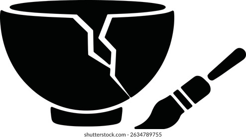 Kintsugi Vetor Icon - Reparo de Tigela Rachada com Conceito de Ouro para Wabi Sabi Art.	
