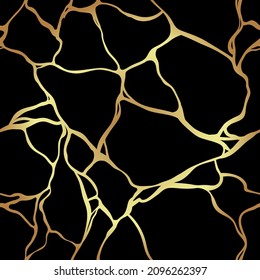 Kintsugi vector illustration. Japanese art, repairing broken pottery with gold. Luxury golden marble seamless texture. Crack and broken ground pattern for fabric print and wallpaper.
