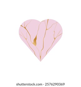 Kintsugi-style heart, renovated heart, elegant composition in gold and pink, wabi-sabi mood, Japanese style. Graphic symbol of a heart with kintsugi elements