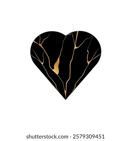 Kintsugi-style heart, renovated heart, elegant composition in gold and black, wabi-sabi mood, Japanese style. Graphic symbol of a heart with kintsugi elements