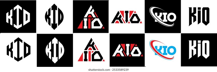 Projeto do logotipo da letra KIO em estilo seis. Polígono, círculo, triângulo, hexágono, estilo simples e plano do KIO com o logotipo de letra de variação de cor preta e branca definido em uma prancheta. Logotipo minimalista e clássico do KIO
