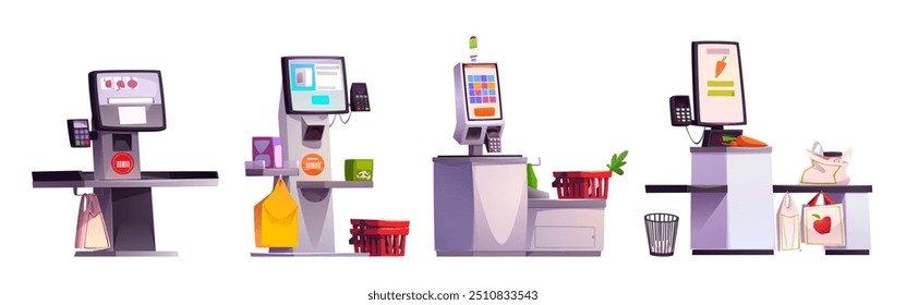 Kiosk-Kasse. Selbstzahlung im Supermarkt. Kassenautomat für Einzelhandelsgeschäfte. Lebensmittel- und Lebensmittelscanner mit berührungsloser Technologie. Schnittstelle für geschäftliche Informationen zur Produktregistrierung