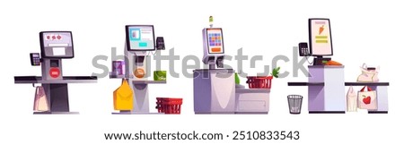 Kiosk checkout service. Supermarket self payment. Retail shop check out machine. Food and grocery scan computer with contactless technology. Business information interface to register product