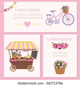 Kiosk, cute booth, cafe, tent or Flower Shop with basket of flowers. Stand on wheels with flowers. Vector illustration. Cartoon market store car icon. Flower shop visit card template with bicycle.