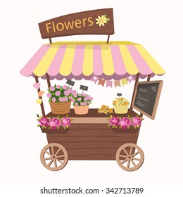 Kiosk, Cute Booth, Cafe, Tent Or Flower Shop With Basket Of Flowers. Stand On Wheels With Flowers. Vector Illustration. Cartoon Market Store Car Icon. 