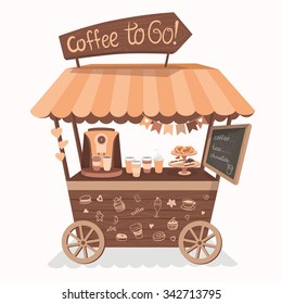 Kiosk, Cute Booth, Cafe, Tent Or Coffee Shop With Coffee Maker. Stand On Wheels With Coffee. Vector Illustration. Cartoon Coffee Market Store Car Icon. Coffee To Go.