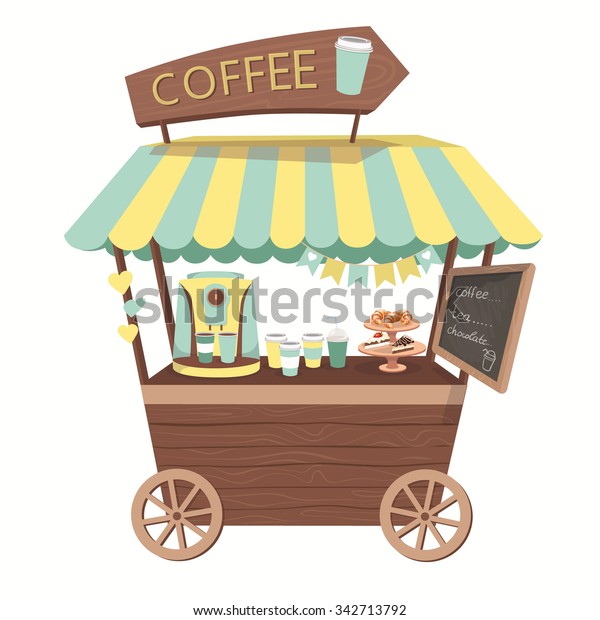 Kiosk, cute booth, cafe,
tent or Coffee Shop with coffee maker. Stand on wheels with Coffee.
Vector illustration. Cartoon Coffee market store car icon. Coffee
to go.
