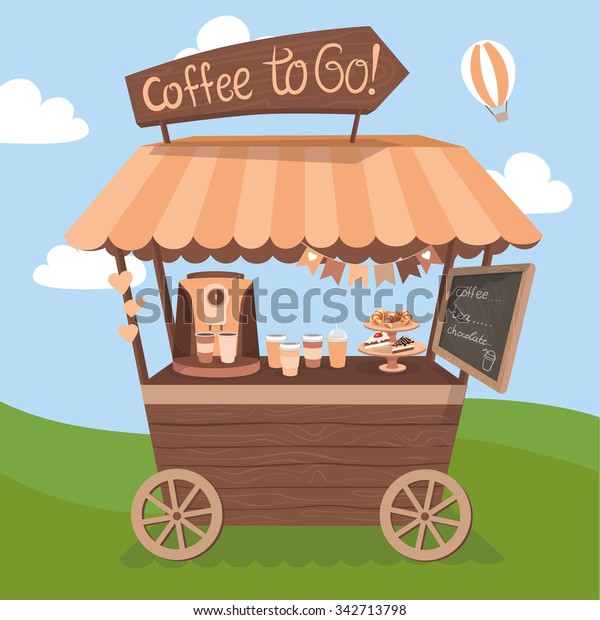 Kiosk, cute booth, cafe,\
tent or Coffee Shop with coffee maker. Stand on wheels with Coffee.\
Vector illustration. Cartoon Coffee market store car icon. Coffee\
to go.