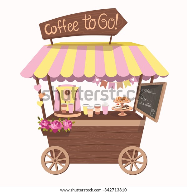 Kiosk, cute booth, cafe,
tent or Coffee Shop with coffee maker. Stand on wheels with Coffee.
Vector illustration. Cartoon Coffee market store car icon. Coffee
to go.