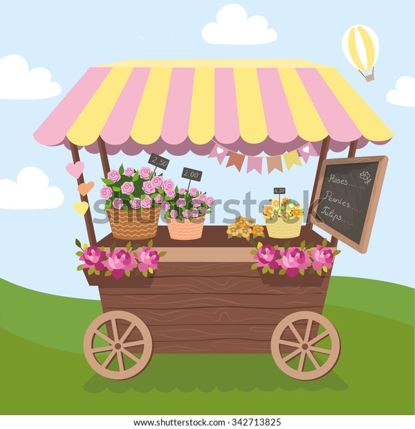 キオスク かわいいブース カフェ テント 花籠と花屋 花を持って車輪の上に立つ ベクターイラスト 漫画の市場の車のアイコン のベクター画像素材 ロイヤリティフリー