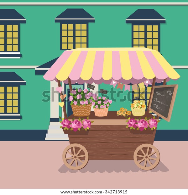 Kiosk, cute booth, cafe, tent or Flower Shop\
with basket of flowers. Stand on wheels with flowers. Vector\
illustration. Cartoon market store car icon.\
