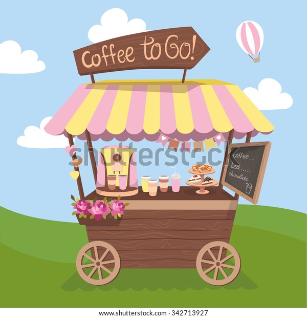 Kiosk, cute booth, cafe,\
tent or Coffee Shop with coffee maker. Stand on wheels with Coffee.\
Vector illustration. Cartoon Coffee market store car icon. Coffee\
to go.