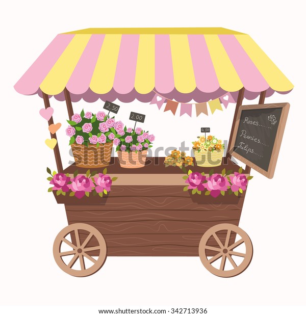 Kiosk, cute booth, cafe, tent or Flower Shop
with basket of flowers. Stand on wheels with flowers. Vector
illustration. Cartoon market store car icon.
