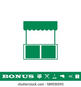 Kiosk icon flat. Green pictogram on white background. Vector illustration symbol and bonus button