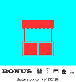 Kiosk icon flat. Red pictogram on blue background. Vector illustration symbol and bonus buttons Music center, corkscrew, credit card, house, drum