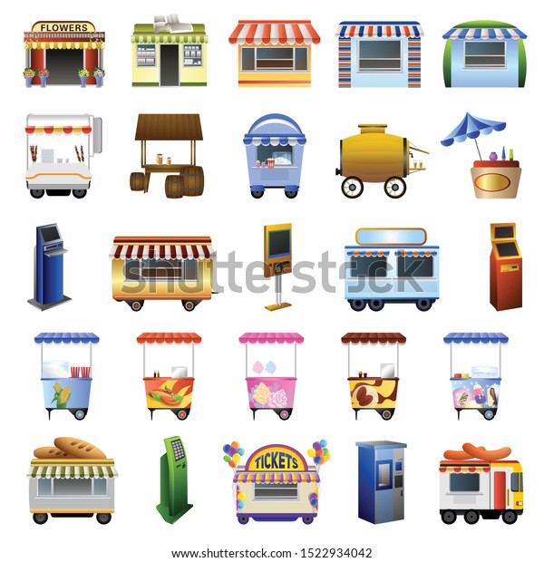 Kiosk icons set. Cartoon set of kiosk vector icons\
for web design