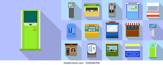 Kiosk icons set. Flat set of kiosk vector icons for web design