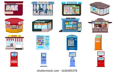 Kiosk icons set. Flat set of kiosk vector icons for web design