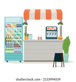 A kiosk with lemonade and a refrigerator with drinks.  Summer street sale of drinks and fruit soda.Vector illustration. 