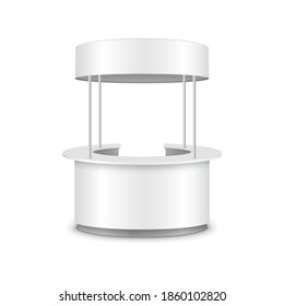 Kiosk stand booth counter promo vector 3d exhibition round table design. Kiosk store