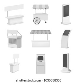 Kiosk stand booth information mockup set. Realistic illustration of 9 kiosk stand booth information mockups for web