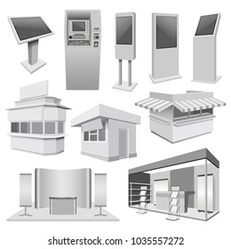 Kiosk Stand Booth Mockup Set. Realistic Illustration Of 10 Kiosk Stand Booth Mockups For Web