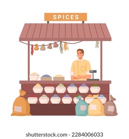 Kiosk or street stall selling spices and condiments for dishes and food. Isolated spot with variety of goods and ingredients. Flat cartoon, vector illustration