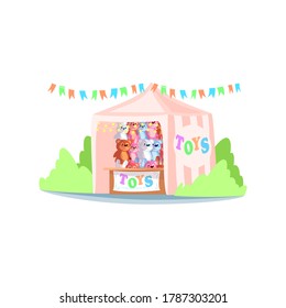 Kiosk with toys semi flat RGB color vector illustration. Street fair stand, market stall selling stuffed plush playthings. Carnival tent with children toys isolated cartoon object on white background