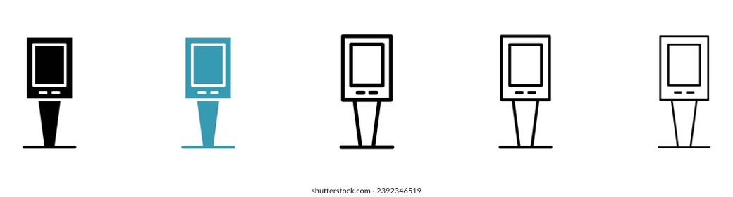 Juego de iconos de vector kiosk. Símbolo de máquina de pago digital. Icono de dispositivo de pantalla interactiva de autodesprotección en color blanco y negro.