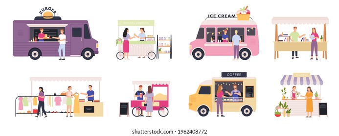 Kiosk vendor. Street tent, cart and truck sell fast food, books, clothes and flowers. Outdoor market with merchants and customers vector set. Buying natural cosmetic, ice cream and pop corn