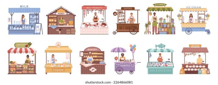 Kiosks and street stalls selling food and products to passers by. Isolated milk and fish market, ice cream and dessert, veggies and bread. Flat cartoon, vector illustration