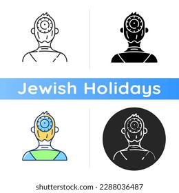 Kippah icon. Yarmulke, dome. Small skullcap. Devoutness sign. Covering head. Attending synagogue, religious event, festival. Linear black and RGB color styles. Isolated vector illustrations