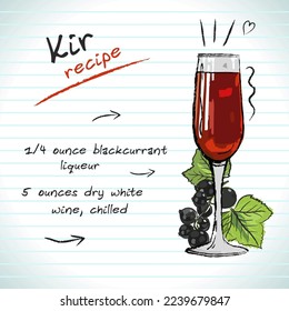 Kir cocktail, vector sketch hand drawn illustration, fresh summer alcoholic drink with recipe and fruits