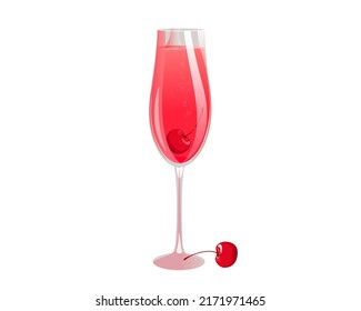 Kir Royal cocktail with cherries. Refreshing drink with champagne and liqueur.