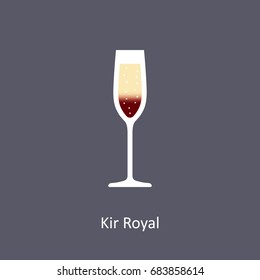 Kir Royal cocktail icon on dark background in flat style. Vector illustration