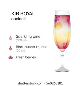 Kir Royal cocktail with recipe description. Vector illustration on white background.