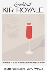 Cóctel de Kir Royale con champán en aderezo de vidrio flauta con frambuesa. Receta clásica de bebidas alcohólicas, impresión moderna. Aperitivo francés de verano. Afiche contemporáneo para el menú del bar. Ilustración vectorial.