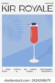 Kir Royale Cóctel con champán en cristal flauta adornado con mora. Receta de bebida alcohólica clásica con estampado moderno. Aperitivo francés de verano. Cartel contemporáneo para el menú de bar. Ilustración de vector