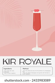 Kir Royale Cocktail garnished with raspberry. Classic alcoholic beverage recipe modern wallart print. Summer french aperitif alcoholic drink. Minimalist trendy contemporary poster. Vector illustration