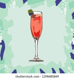 Kir Royale cocktail, vector illustration, hand drawn sketch, colored