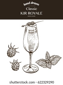 Kir Royale. Vector sketch illustration of cocktails. Hand drawn.