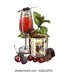 Kir Royale and White Russian cocktails, vector illustration, hand drawn sketch; colored