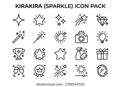 Kira Kira (sparkle) icon pack. Includes variety of stars, glitter effects, magic wands, sun, camera, light bulb, trophies, diamonds, cleaning spray, gift boxes, champagne glasses, and festive decorations.
