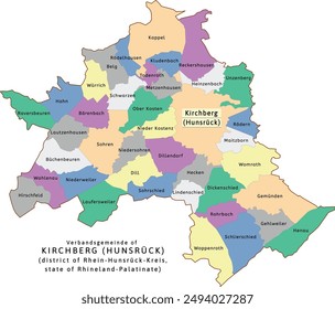 Kirchberg verbandsgemeinde map of Rhein-Hunsrück-Kreis district Rhineland-Palatinate (Rheinland-Pfalz) state in Germany. Vectored. Retro colors