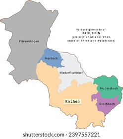 Kirchen verbandsgemeinde map of Altenkirchen district Rhineland-Palatinate (Rheinland-Pfalz) state in Germany. Vectored. Retro colors