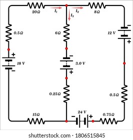 Kirchhoff's Rules - The Diagram Shows A Complex Circuit With Four Voltage Sources