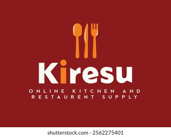 The "Kiresu" logo showcases vibrant orange cutlery (spoon, knife, fork) elegantly placed above bold white typography on a rich red backdrop, inspired by KFC's iconic color. It reflects quality kitchen