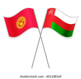 Kirgiz and Omani crossed flags. Kyrgyzstan combined with Oman isolated on white. Language learning, international business or travel concept.